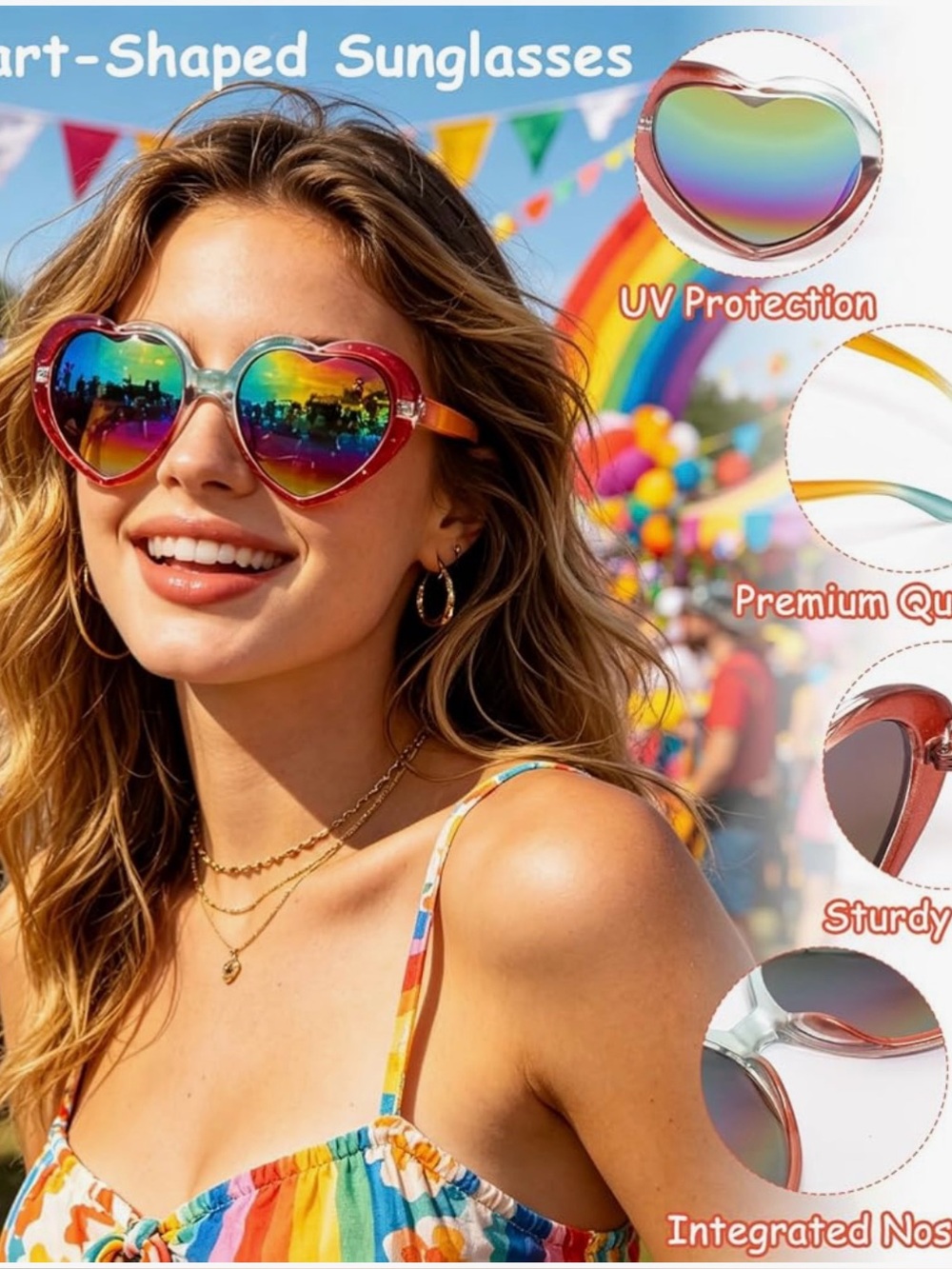 2pcs Heart Shaped Sunglasses for Women Rainbow Mirror Lens - Picture 5 of 8